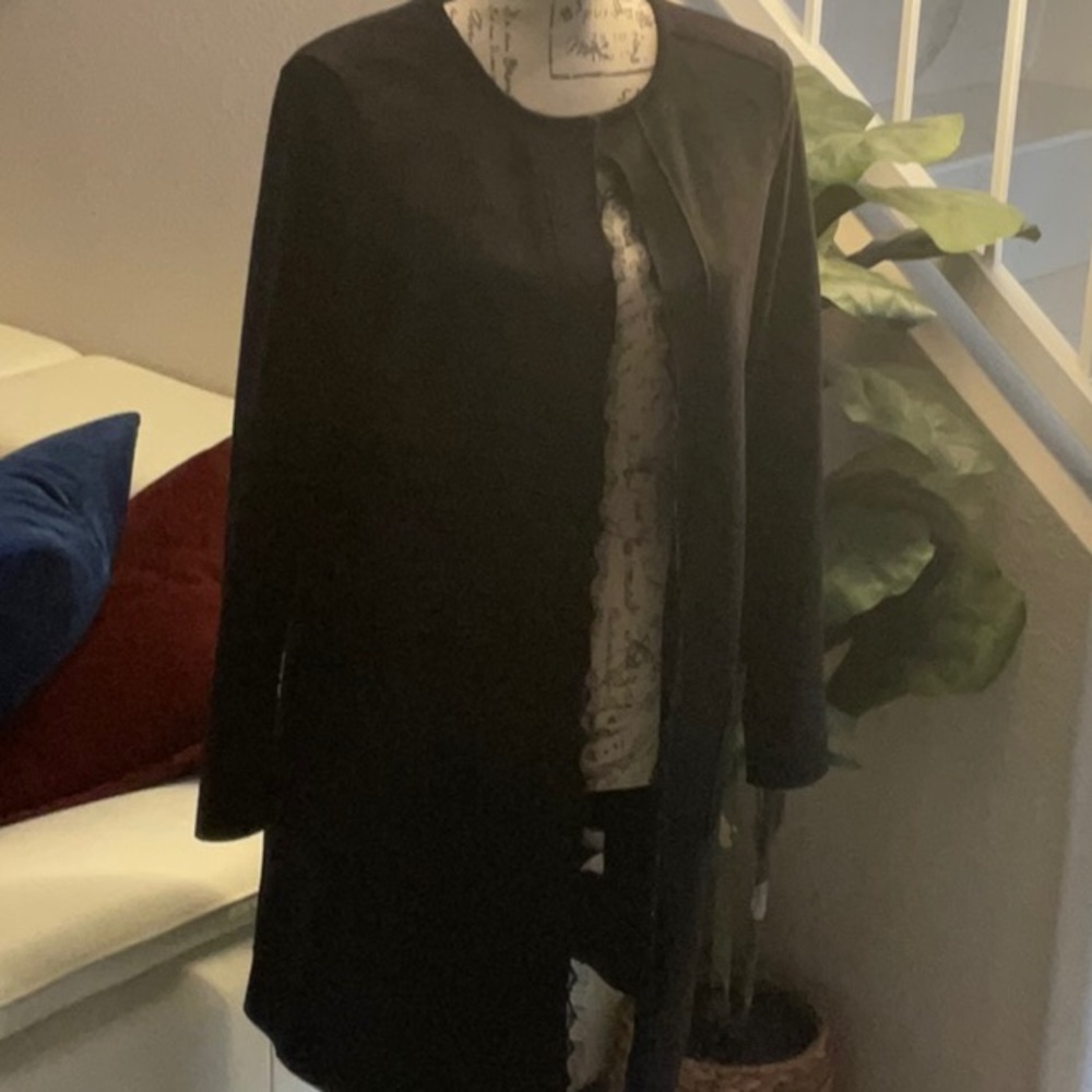 Tahari Black faux suede midi coat with Eyelash Lace  Size XS